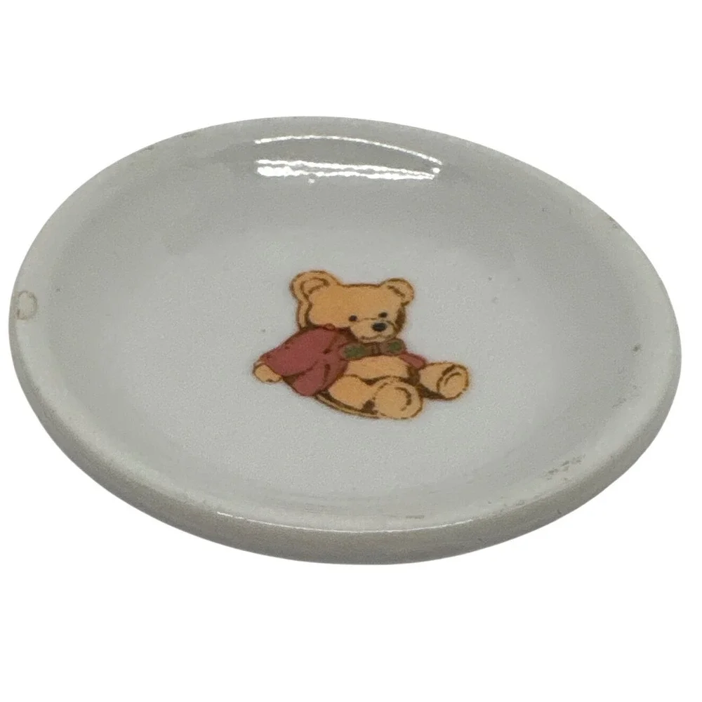 Vintage Miniature Teddy Bear Ceramic Trinket Dish White Round 2